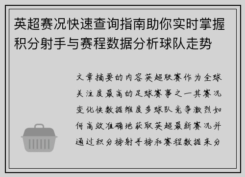 英超赛况快速查询指南助你实时掌握积分射手与赛程数据分析球队走势