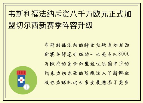 韦斯利福法纳斥资八千万欧元正式加盟切尔西新赛季阵容升级